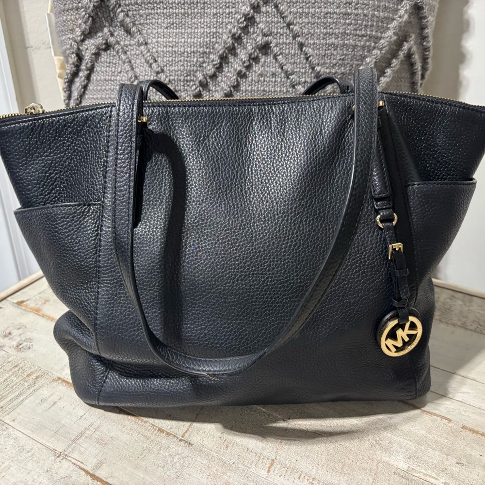 Michael Kors Black Pebbled Leather Tote with Gold Logo Charm